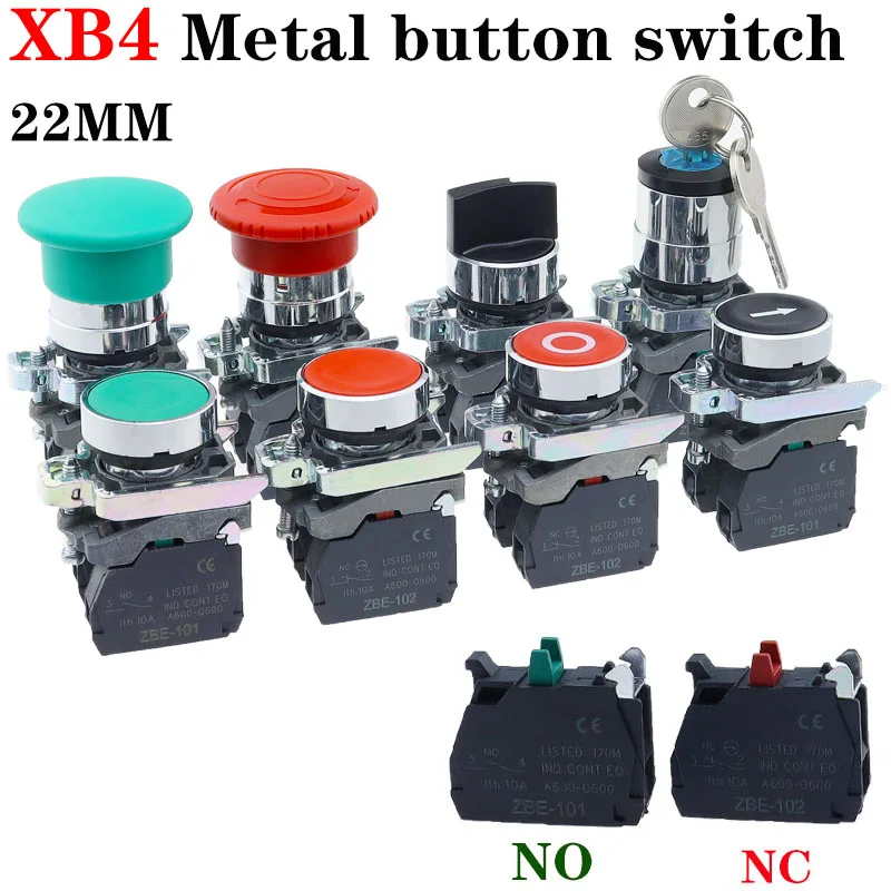 New XB4 Metal Thickened Button Switch Instantaneous Self Reset Emergency Stop Plane 22mm Rotary Switch XB4-BA42 BA31 BA55 XB2