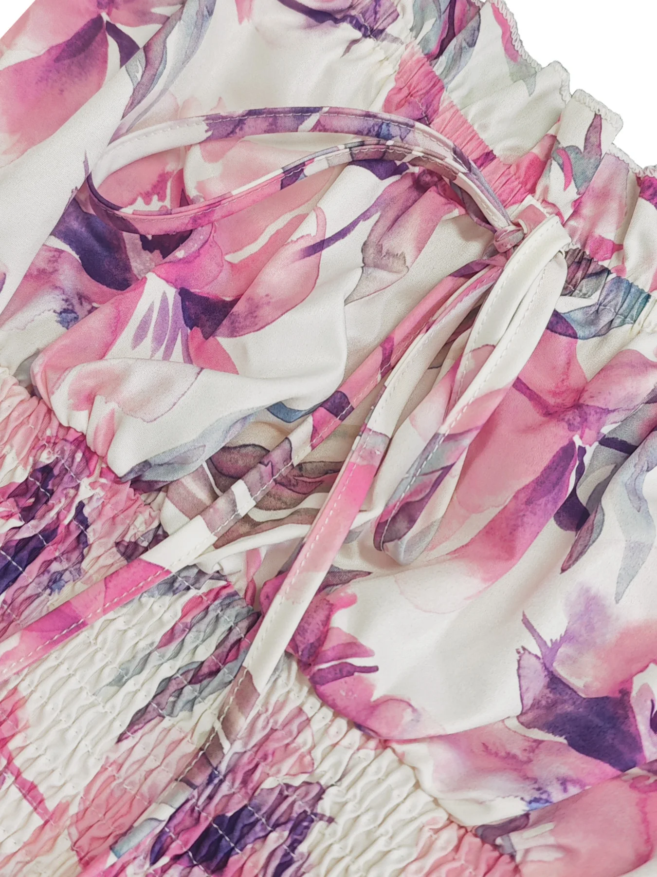 Damenbekleidung, Blumenmuster, schulterfrei, Puffärmel, lange Ärmel, gesmokte Bluse, Rüschenbesatz, Kordelzug, bauchfreies Oberteil für Freizeit und Urlaub – Detail 5