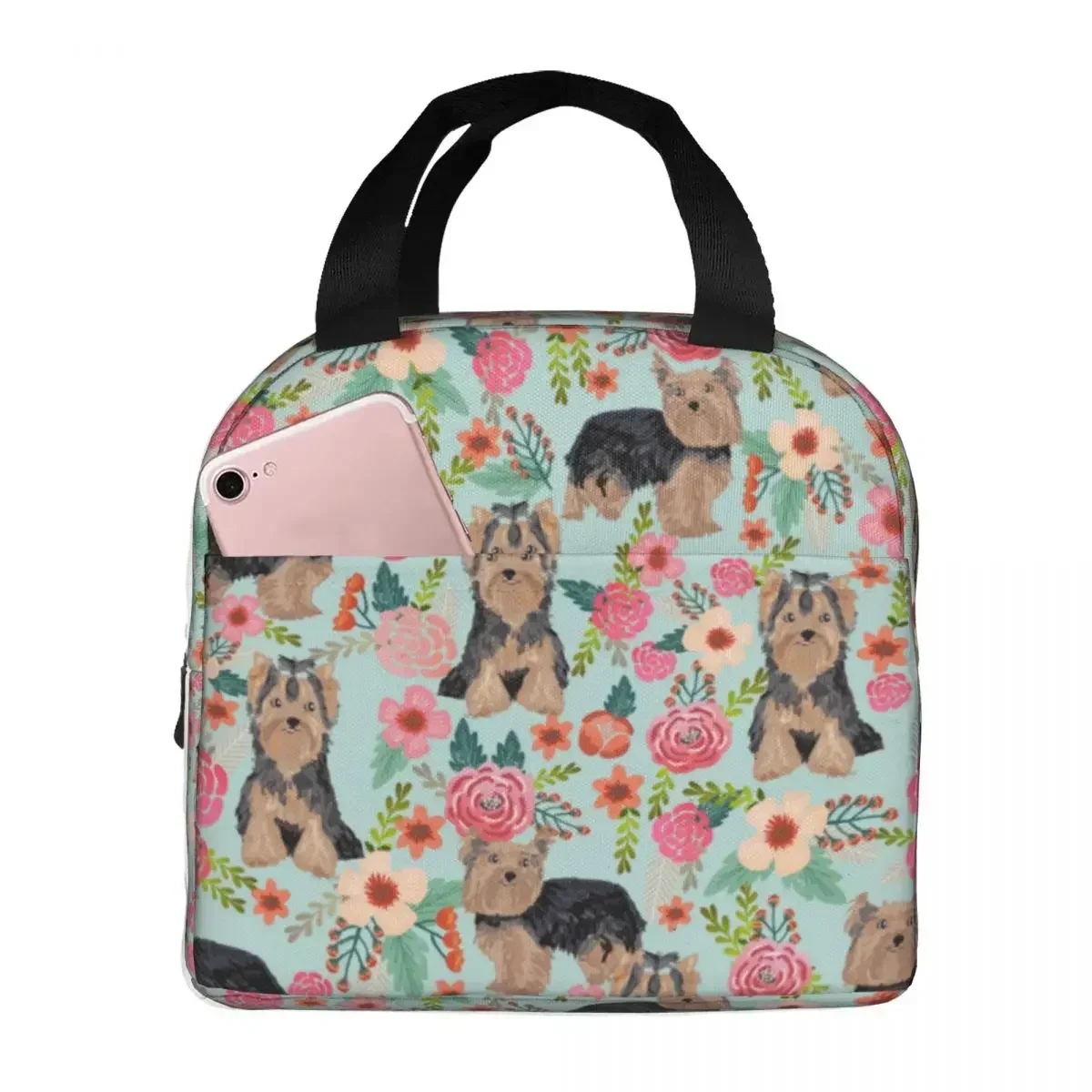 Lunch Bags for Men Women Yorkshire Terrier Dog Vintage Florals Thermal Cooler Bag Portable Picnic Animal Oxford Tote Food Bag