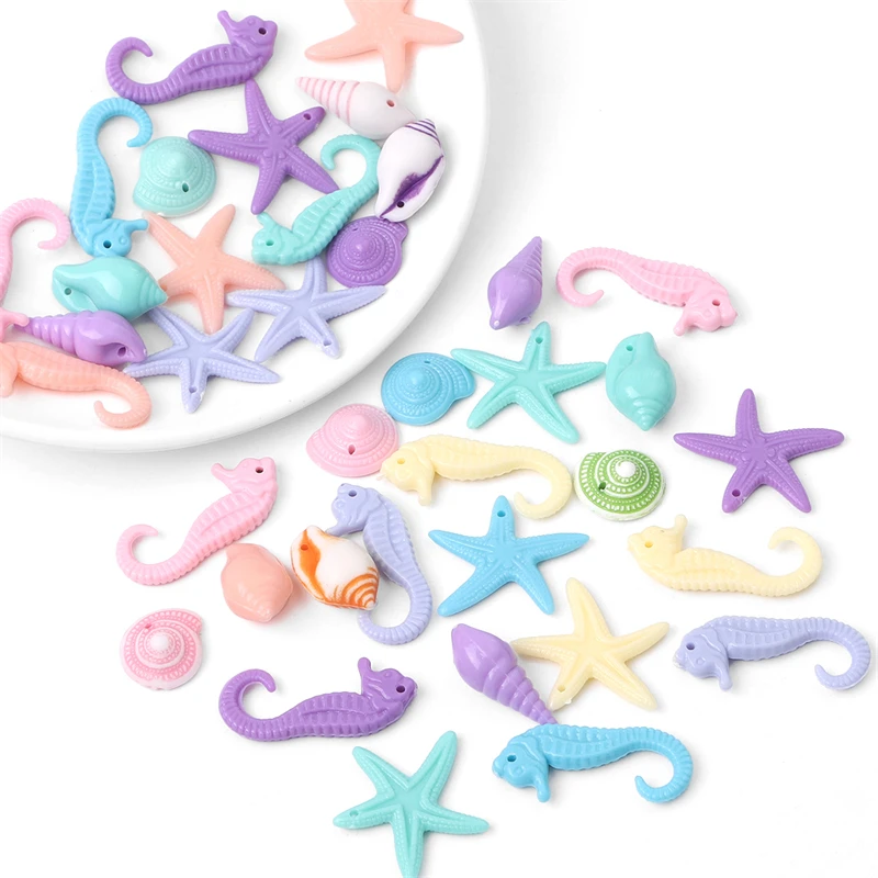 30g Random Mixed Plastic Acrylic Sea-life Starfish Sea Horse Conch Shapes Beads Charms for DIY Jewelry Craft Making Accessories