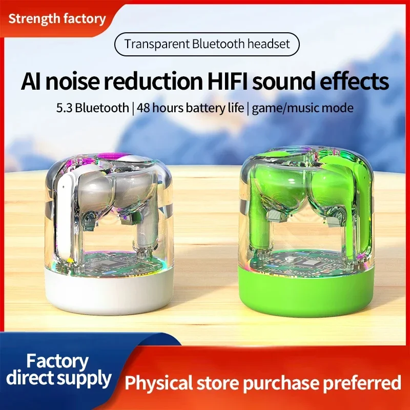 

TM70 Headset bucket shaped transparent earphones with true wireless semi in ear dynamic light effect design Headphones