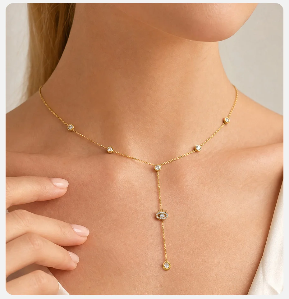 Vnox Trendige Kubische Zirkonia Böses Auge Halskette für Frauen, Vergoldet, Runde CZ Y-Form Lange Kette Anhänger Halskette, Alltagsschmuck – Detail 3