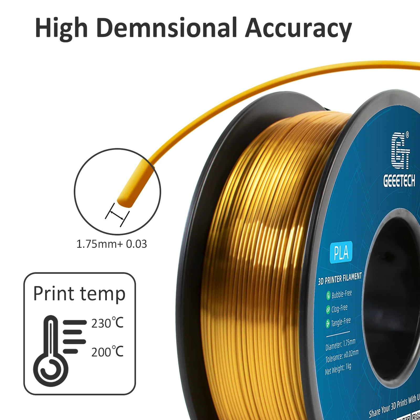 GEEETECH Silk PLA 3d Filament Wire 1kg 1.75mm Spool Wire 3D Printer Material 3D Print Refills, Fast Delivery Vacuum Package