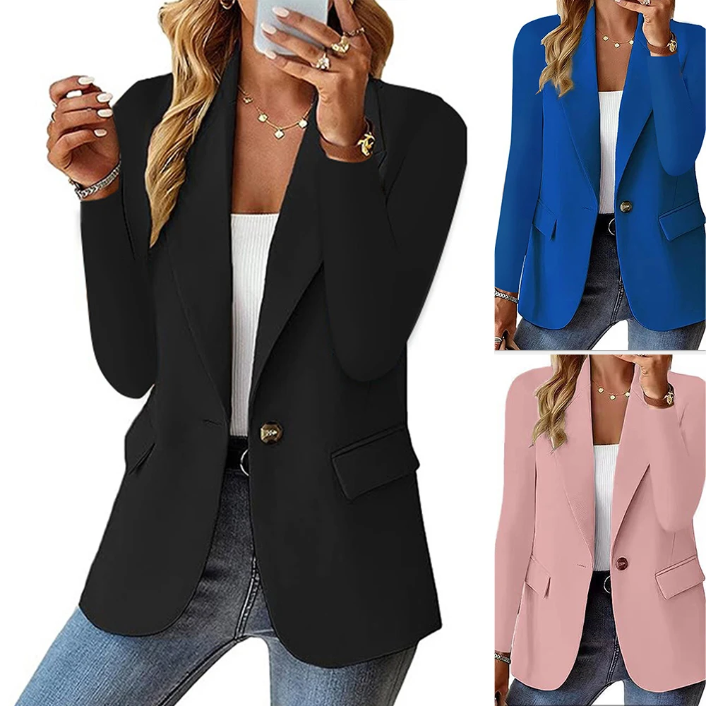 

2025 Winter Professional Blazers Women's Chic Plain Long Sleeve Notched Lapel Single Breasted Flap Pocket Office Wear