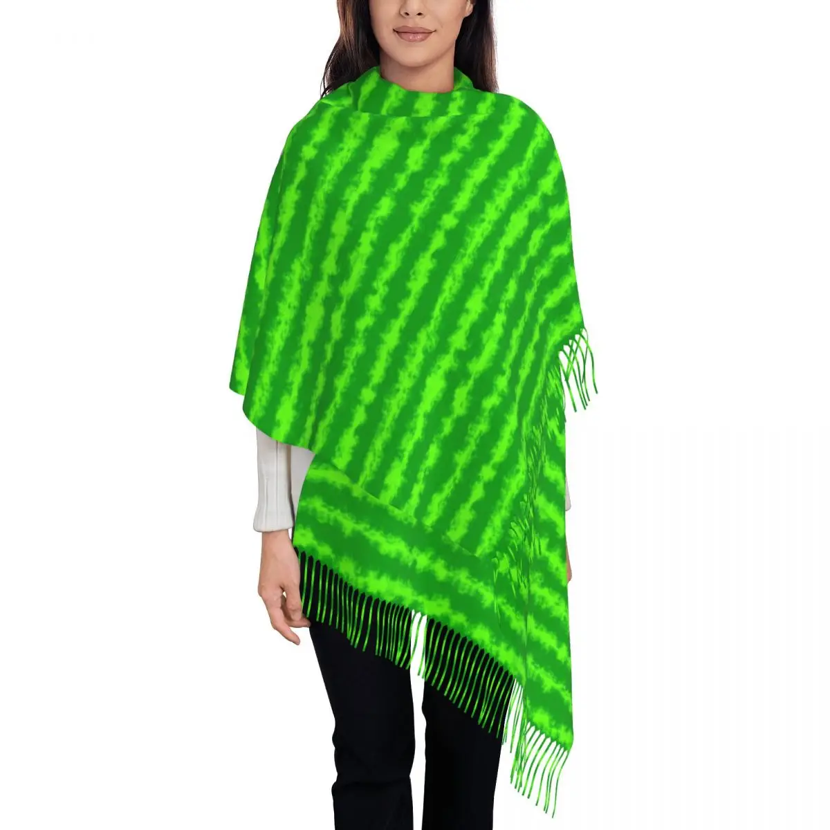 Green Striped Scarf Watermelon Print Keep Warm Shawl Wrap with Tassel Womens Popular Scarves Wraps Winter Custom DIY Bufanda