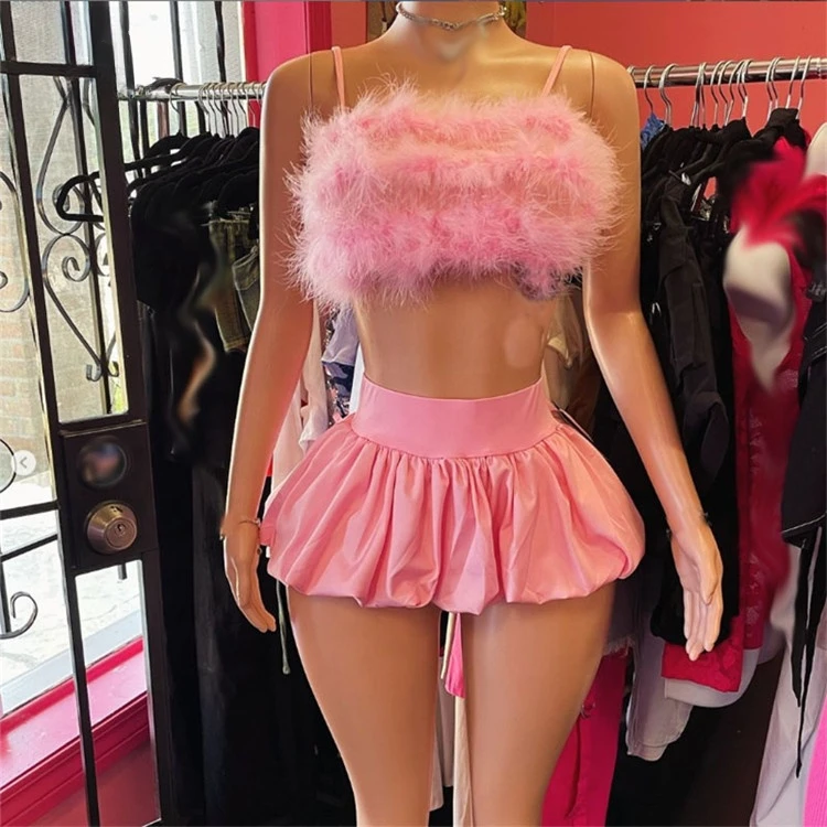 Women Sexy Cropped Fur Tank Tops and Mini Bud Skirt Matching Sets 2024 Night Club Outfits