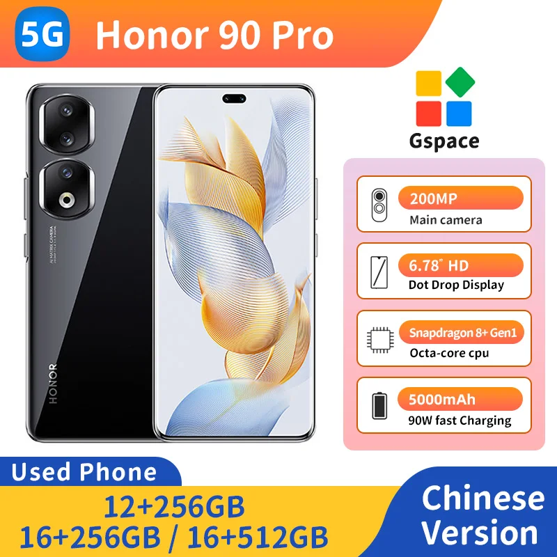 Honor 90 Pro 5G Android CPU Snapdragon 8+ Gen1 6,78 дюйма AMOLED-экран 200 МП Ультра четкая основная камера 5000 мАч Б/у телефона