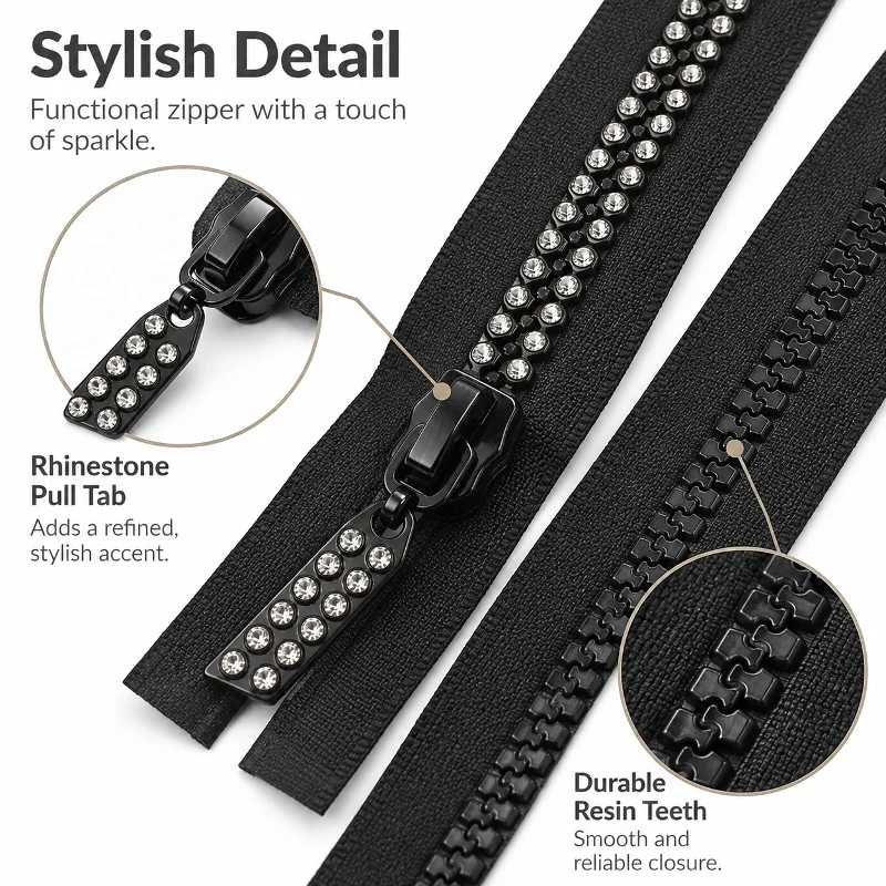 1/2Pcs 10# 60/70/80cm Resin Open End Zipper Jacket Placket Closure Coat Front Zip Windbreaker Rhinestone Zips Sewing Accessories