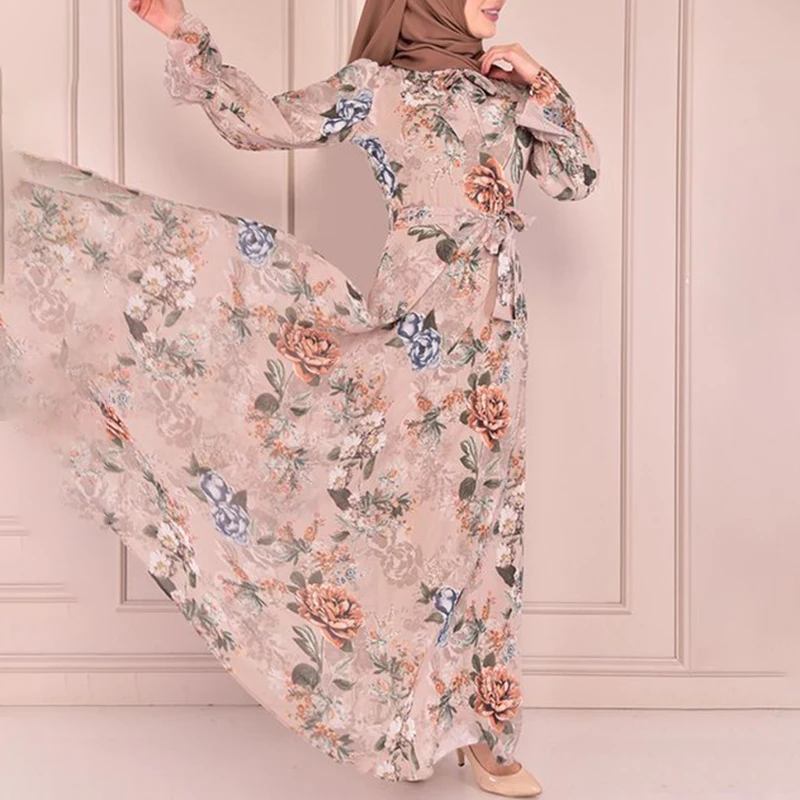 

Women Clothing Fashion Maxi Dresses O-neck Flare Sleeve Muslim Big Swing Hijab Dress Exquisite Printed Party Gowns Robe Elegant