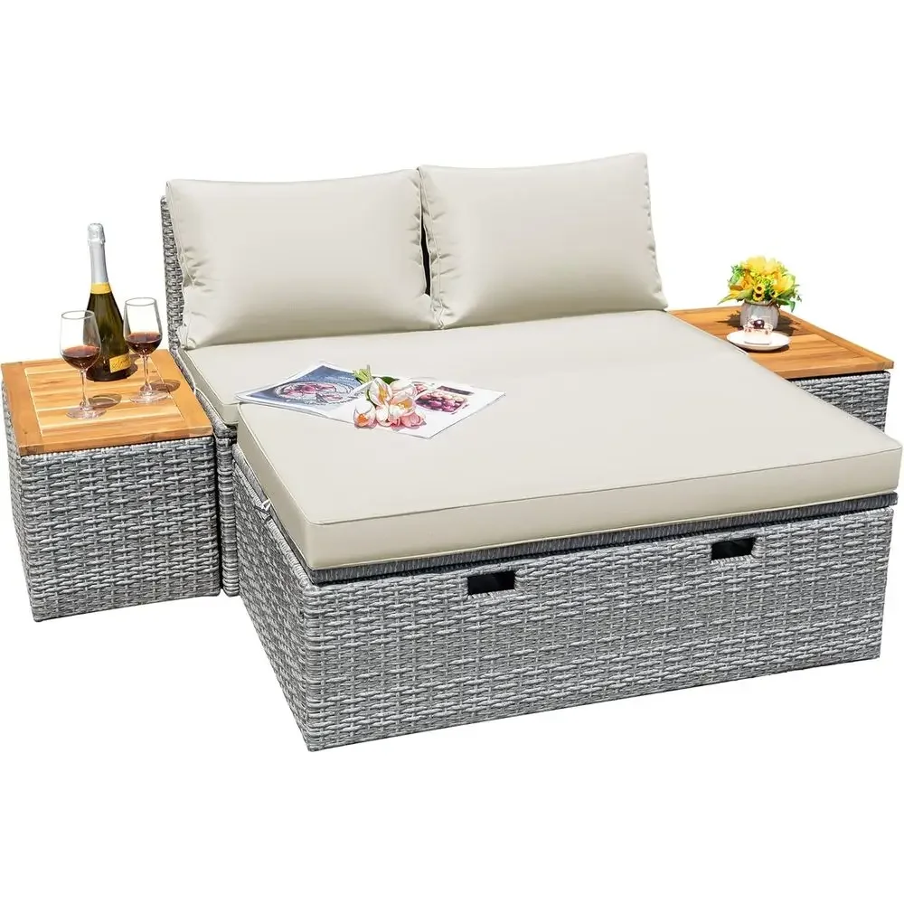 Multifunctional Outdoor Sectional Sofa Set with Rattan Chaise Lounge, Wicker Daybed, Ottoman, and 2 Side Tables, White