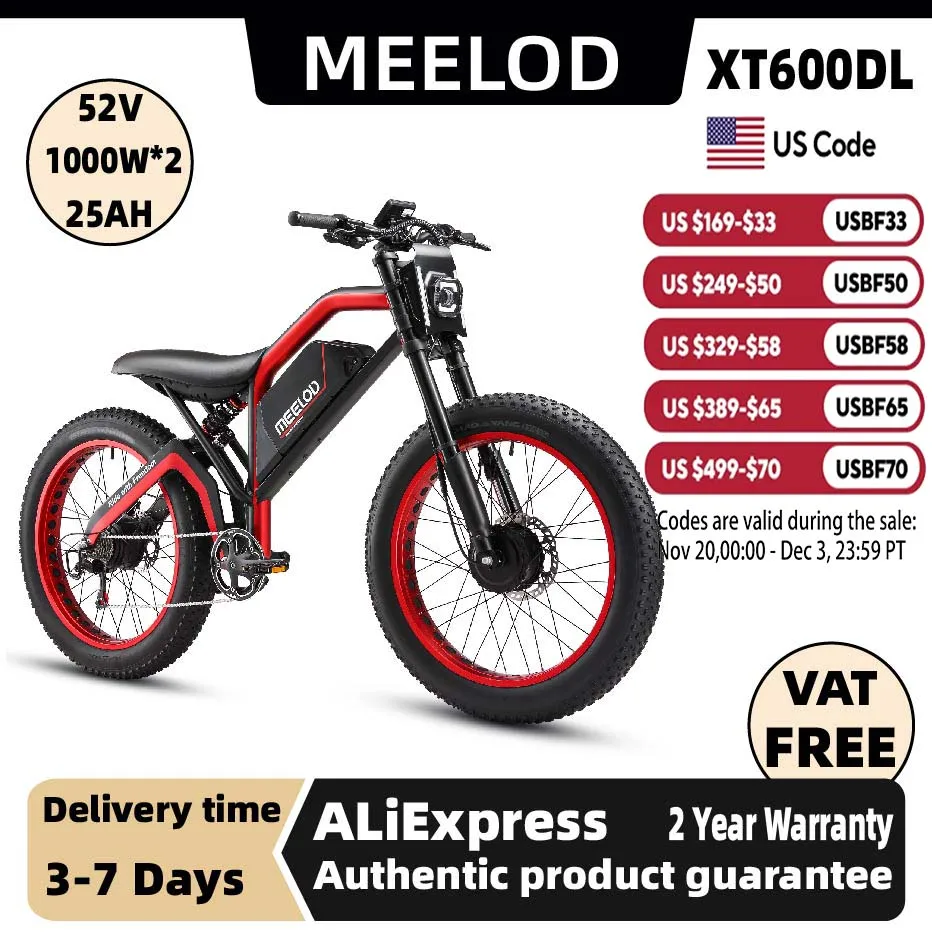 

MEELOD XT600DL adult E-bike 1000W*2 52V25Ah battery commute Electric Bike,26-inch Fat Tire E-Mountain bike