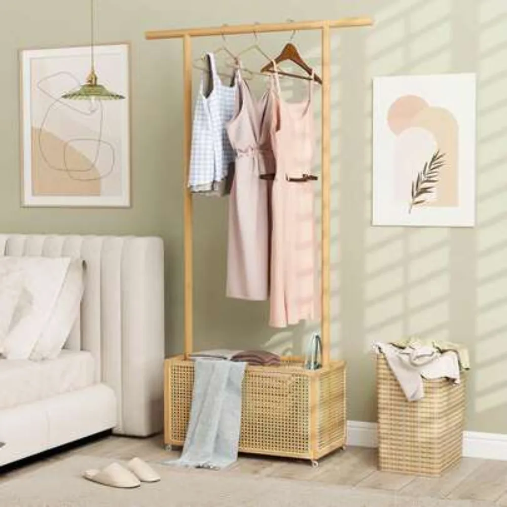 Bamboo Clothes Rack With Rattan Storage Basket & Wheels, Rolling Garment Rack for Hanging Clothes, Portable Wardrobe Organizer With 4 Shelves, Heavy Duty Coat Rack for Bedroom, Laundry, Entryway, Freestanding Drying Rack Brown Beige