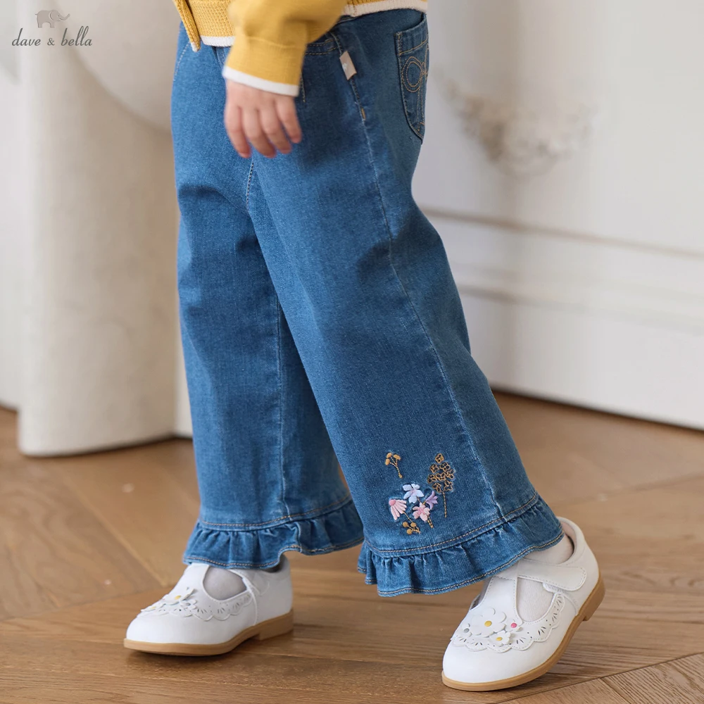 Dave Bella Children Embroidery Jeans Pants Girls Wide Leg Autumn Spring Trousers Denim Elastic Straight Trousers DB3262597