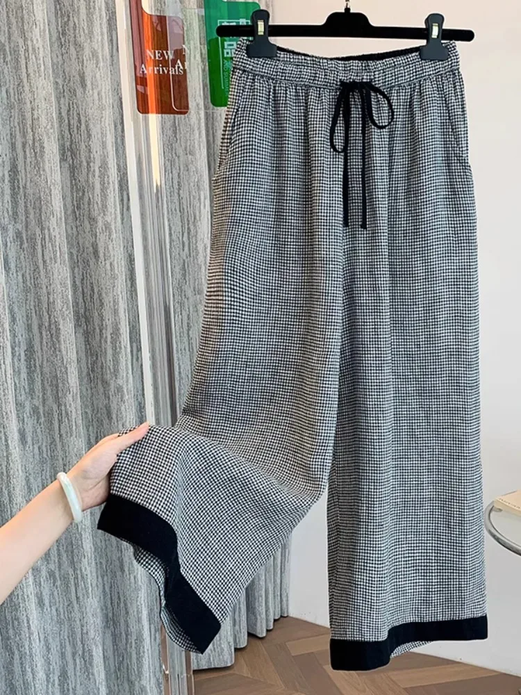 3218 Pantaloni di lino scozzesi vintage moda estiva Pantaloni dritti casual larghi in vita stile coreano moda estiva da donna
