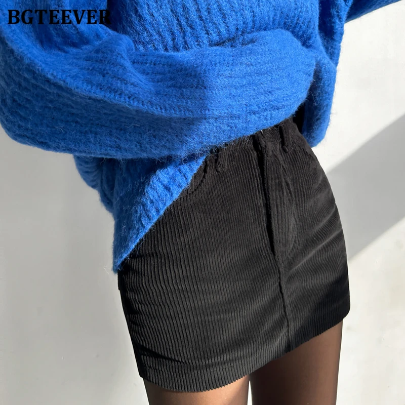 BGTEEVER Autumn Winter Slim Ladies Corduroy Mini Skirts Stylish High Waist Single Button Female A-line Skirts