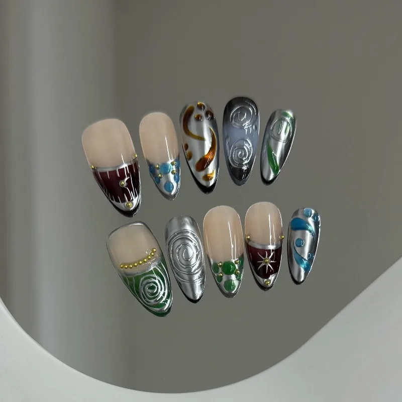 

10 шт., темные загадочные ногти ручной работы, сине-зеленый узор, пресс для ногтей в стиле панк, крутой хромированный стиль, многоразовые накладные ногти для женщин 네일