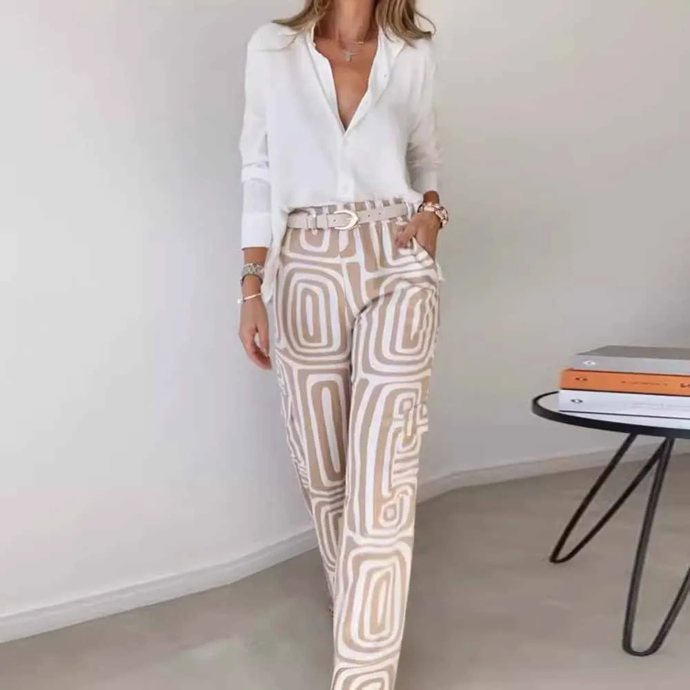 Women Print Two Piece Pant Sets Wide Leg Pants Office Blouse White Shirts Tops 2 Piece Set Office Loose Outfits With Belt