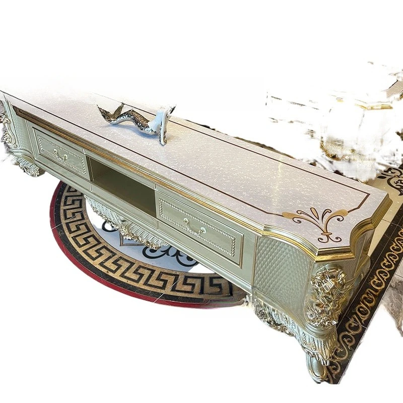 

New French aristocratic European coffee table TV cabinet combination living room solid wood carved floor cabinet golden luxury
