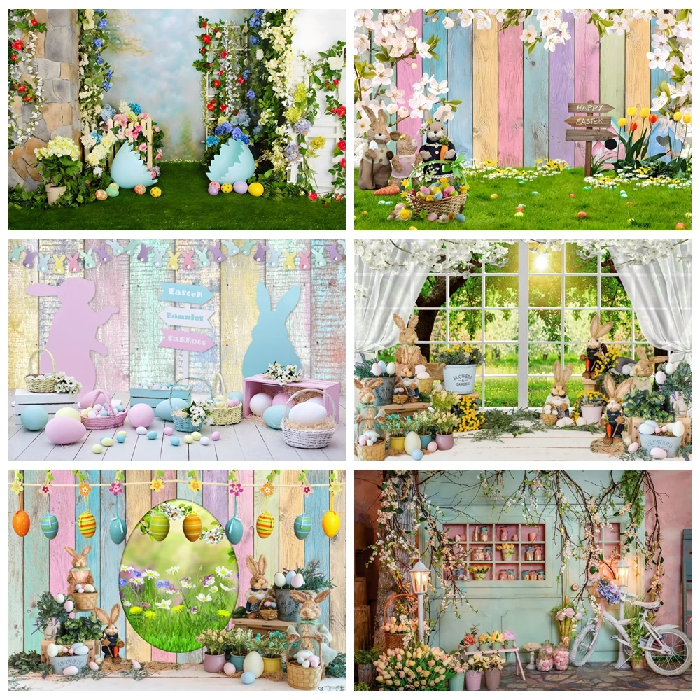 

Spring Easter Backdrop Photography Bunny Eggs Flower Green Grass Wood Board Rabbit Easter Baby Portrait Photo Background Studio