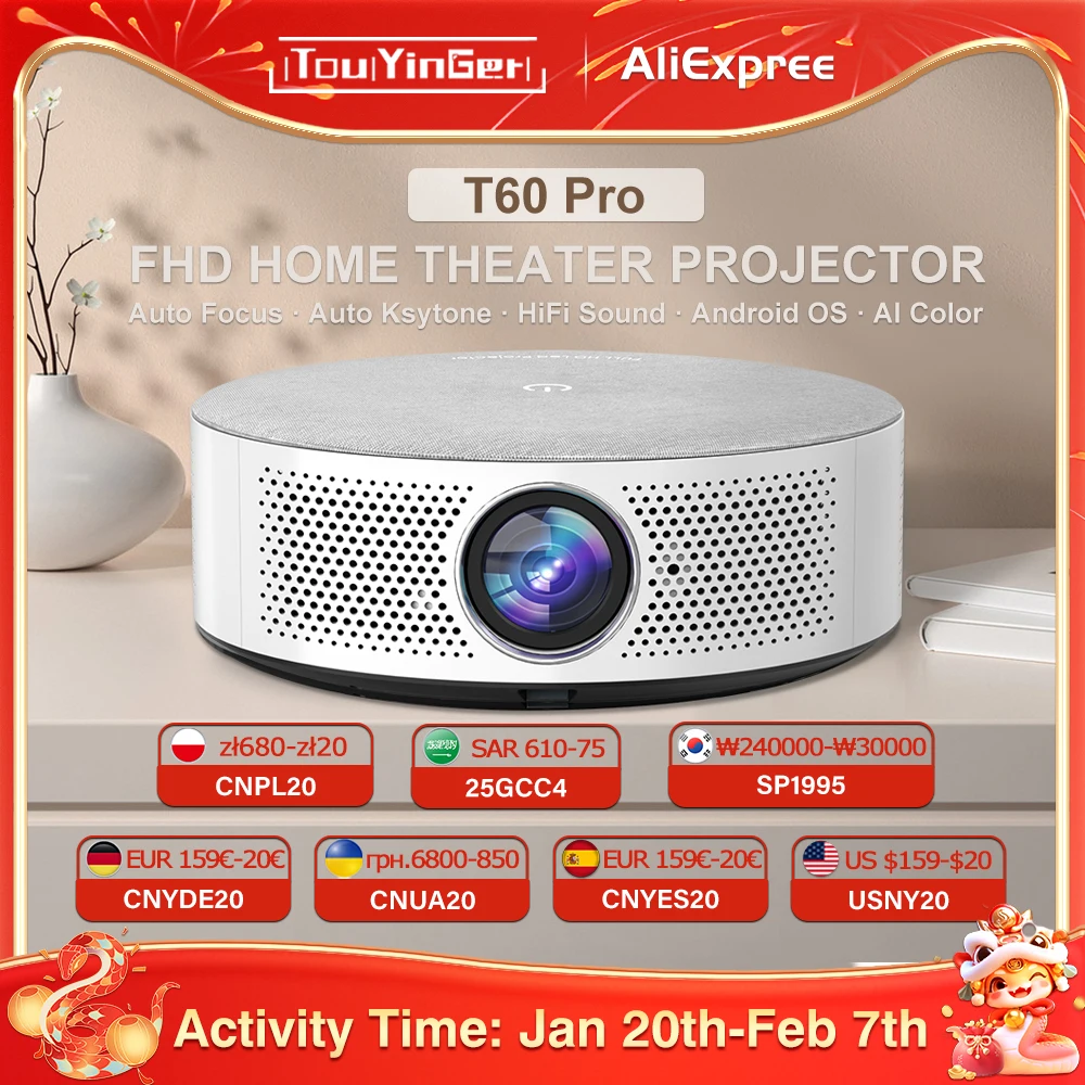 Touyinger T60 pro Auto Focus Full HD 30000Lumens 1080P Projector for 4K  5G WiFi  Home Theater Cinema Beamer