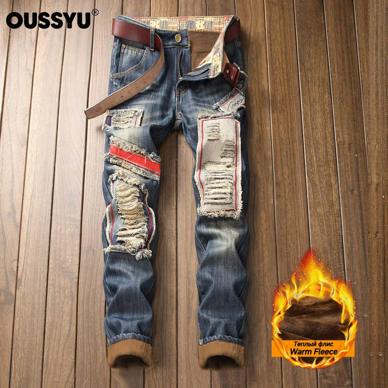 Winter Fleece Lined Men's Jeans Ripped Patchwork Denim Pants Thick Warm Biker Heavy Distressed Streetwear Hip Hop Trousers Male
