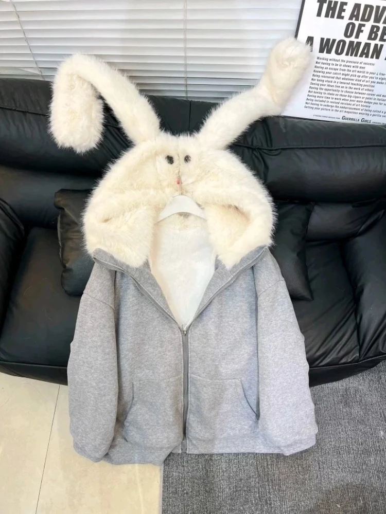 Sweet Kawaii Plush Rabbit Ear Hooded Coat Women Cute Aesthetic Loose Jacket Autumn Winter Warm Casual Long Sleeve Hoodies New