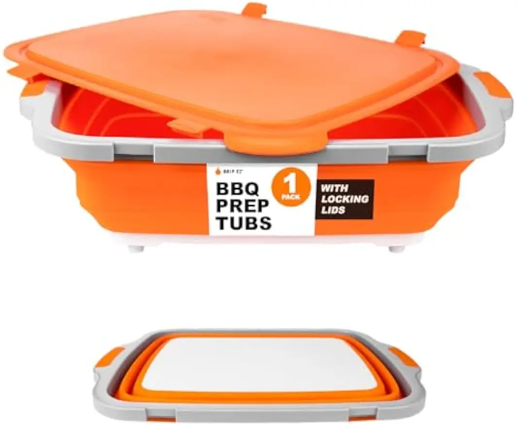 

Collapsible BBQ Prep Tub with Cutting Board & Locking Lid for Meal Prep and Food Storage, XL Orange