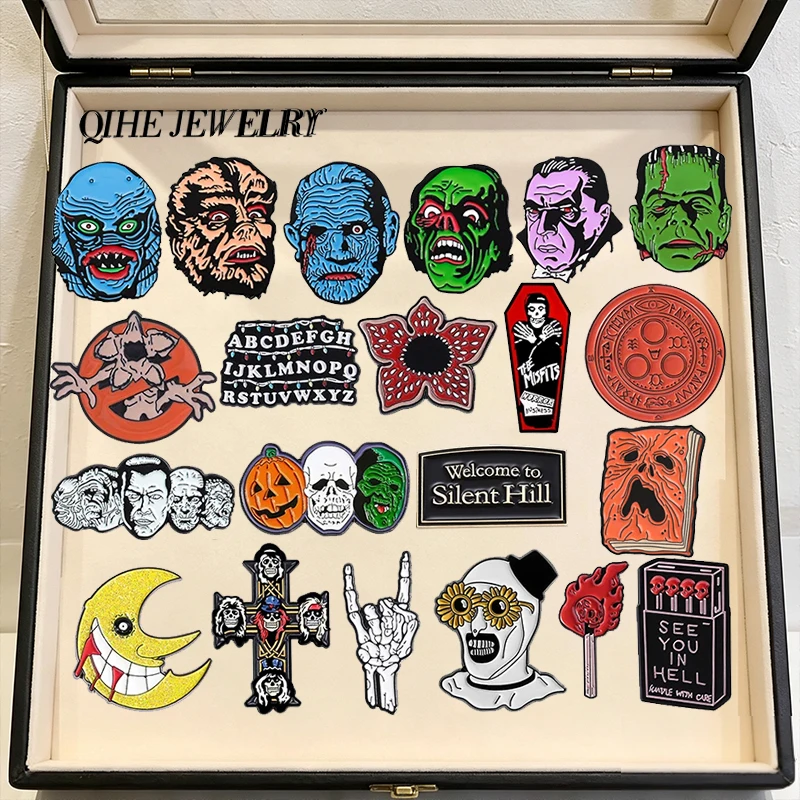 Sci-fi Horror Movies Collection Enamel Pins Red Cannibal Flowers Skull Cross Monster Head Brooch Lapel Badges Punk Jewelry Gift