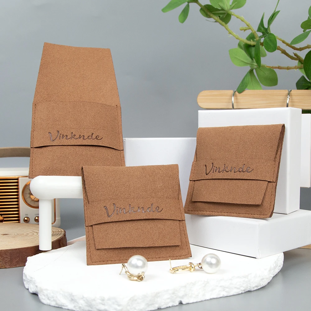 

50pcs Personalized Logo Brown Microfiber Strip Bag Envelope Flap Pouch for Ring Earring Pearl Necklace Pendant Key Organizer
