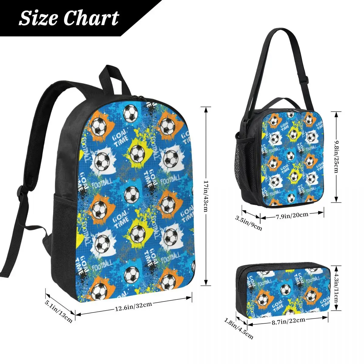 Football Graffiti Pattern Backpack Student BookBag School Bag Computer Shoulder Bags 3ps Insulated Lunch Bag Pencil Case