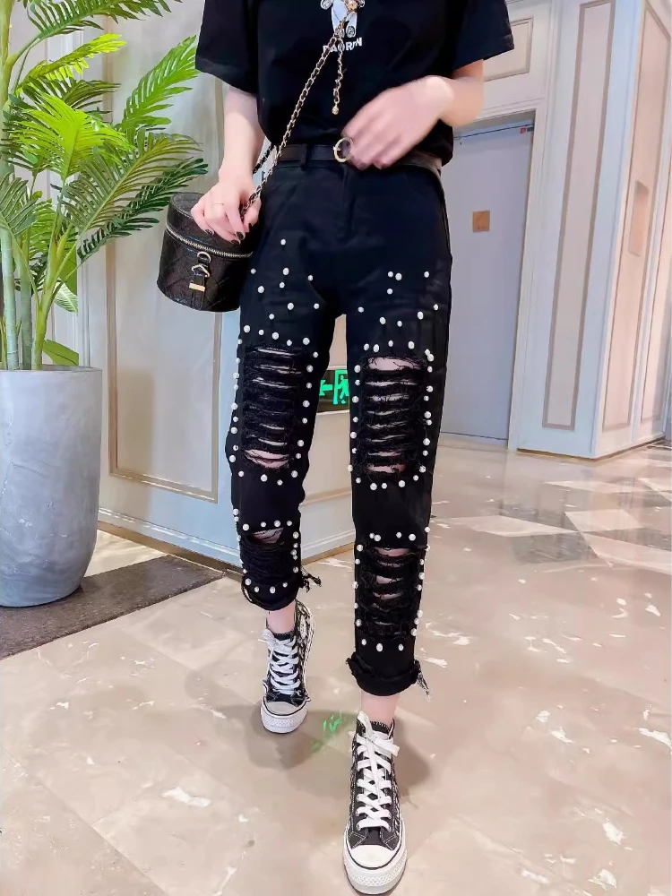 

Fashion Y2k Black Jeans Women New Nail Bead Brushed Hollow Out Straight Leg Pants High Street Retro Casual Denim Trousers Trendy