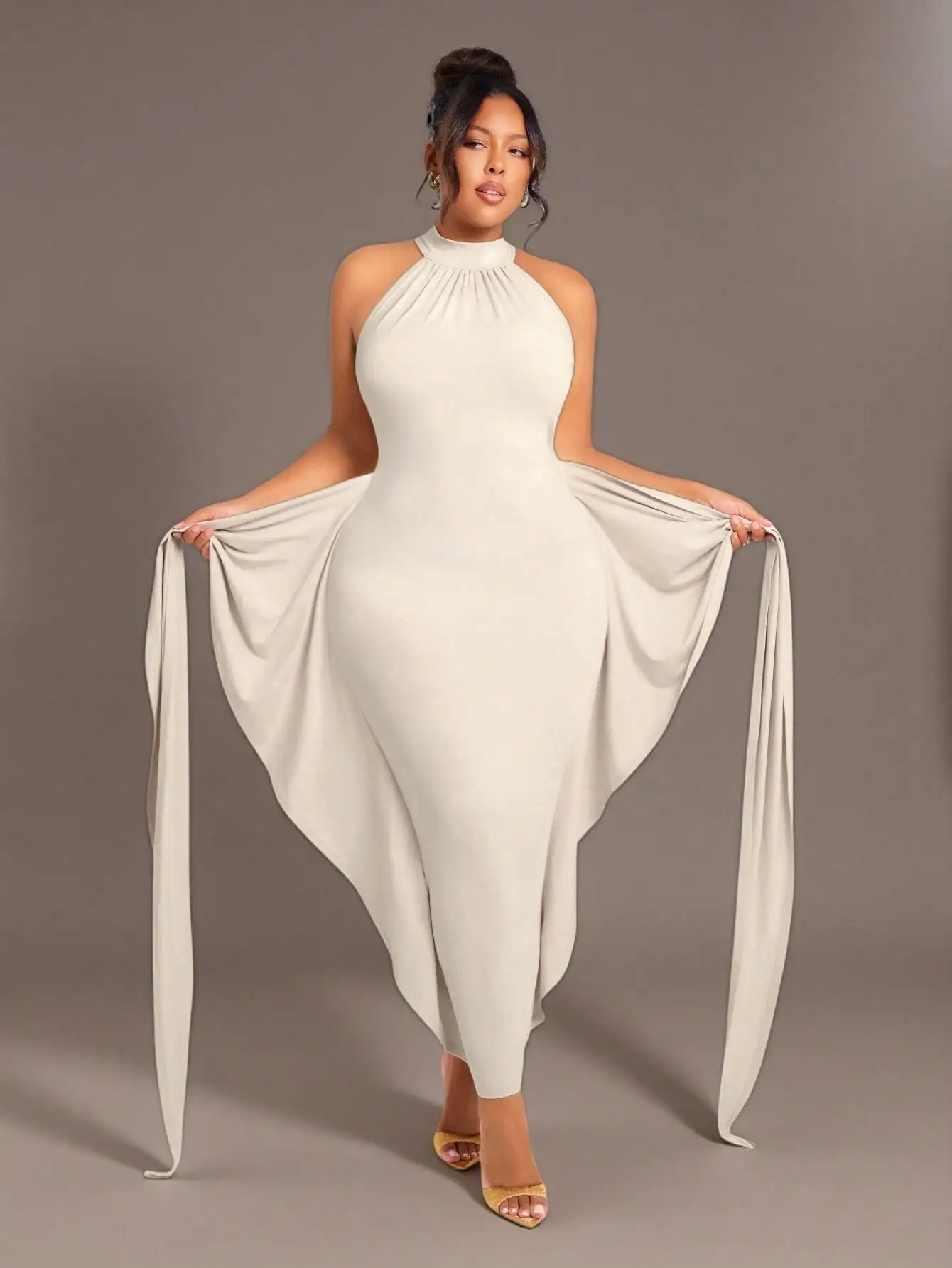 

Plus Size Solid Halter Neck Fitted Dress with Flowing Side Drapes