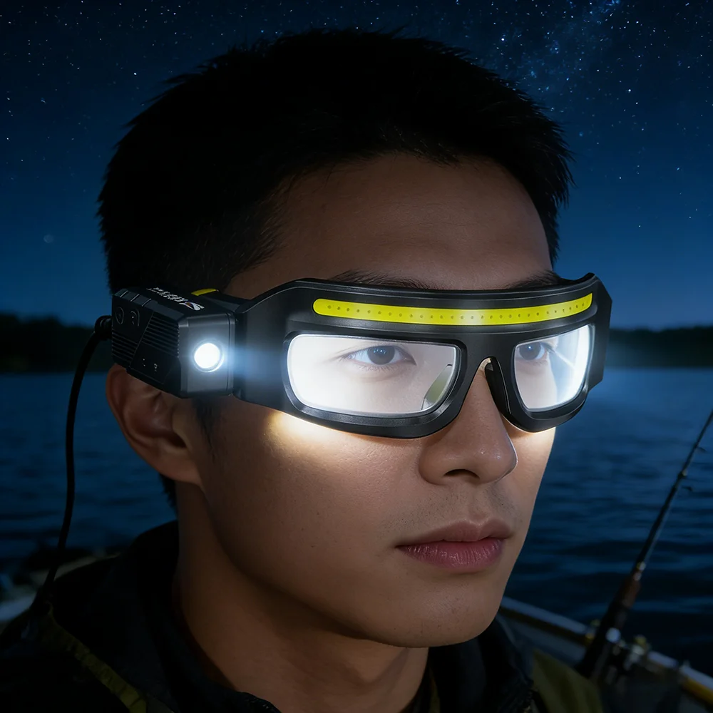 Double Light Source Glasses Lamp COB LED Headlight Type-C Fast Charging IPX4 Waterproof Safety Goggles for Night Running Camping