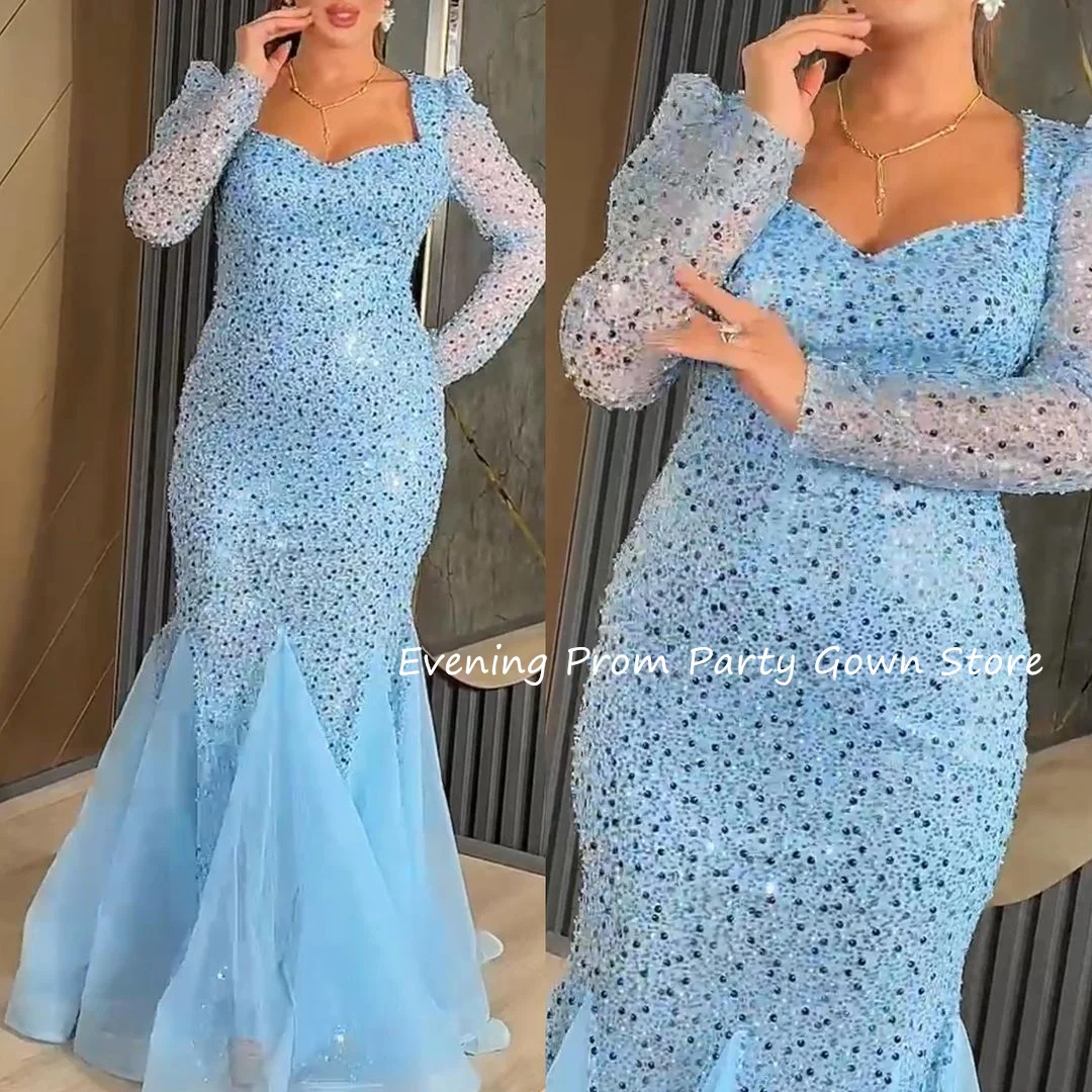 

Mermaid Sequins Evening Dresses for Women Sky Blue Long Sleeve Prom Party Dress formal occasions dress فساتين للمناسبات الرسمية
