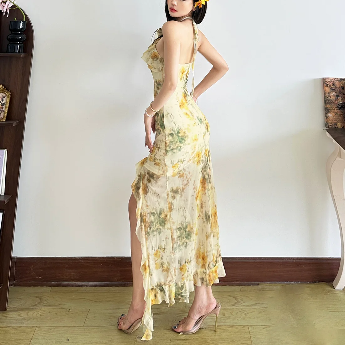 Robe d'été à fleurs sans manches pour femmes, nouvelle mode, fente irrégulière, col suspendu, lacets