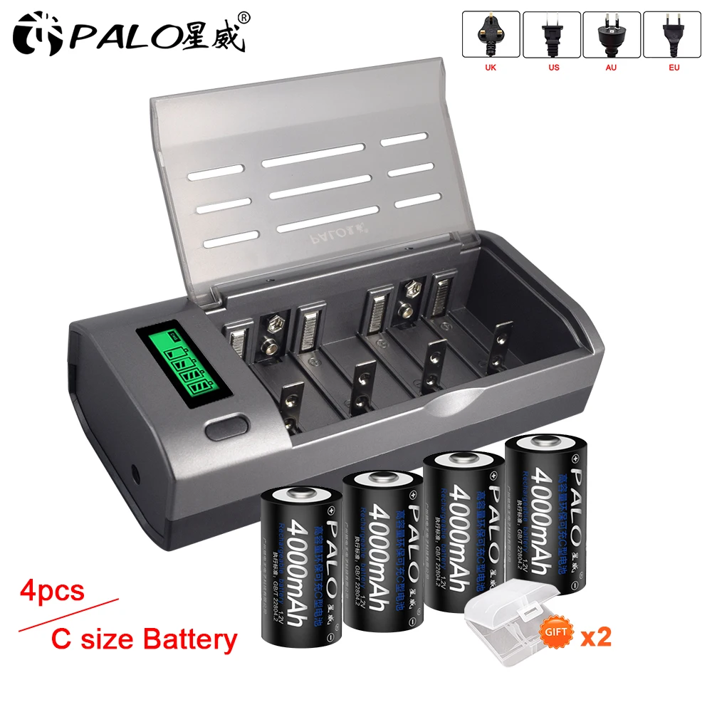 PALO LR14 C Cell battery C size rechargeable battery 1.2V 4000mAh NIMH + intelligent fast charging LCD charger for AA AAA C D 9V