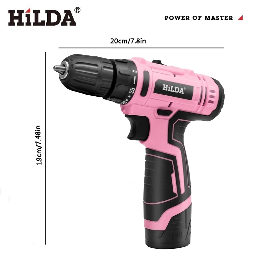 HILDA 12V Electric Screwdriver 25+1 Torque Cordless Drill Mini Wireless Power Tools Lithium-Ion Battery Pink Drill