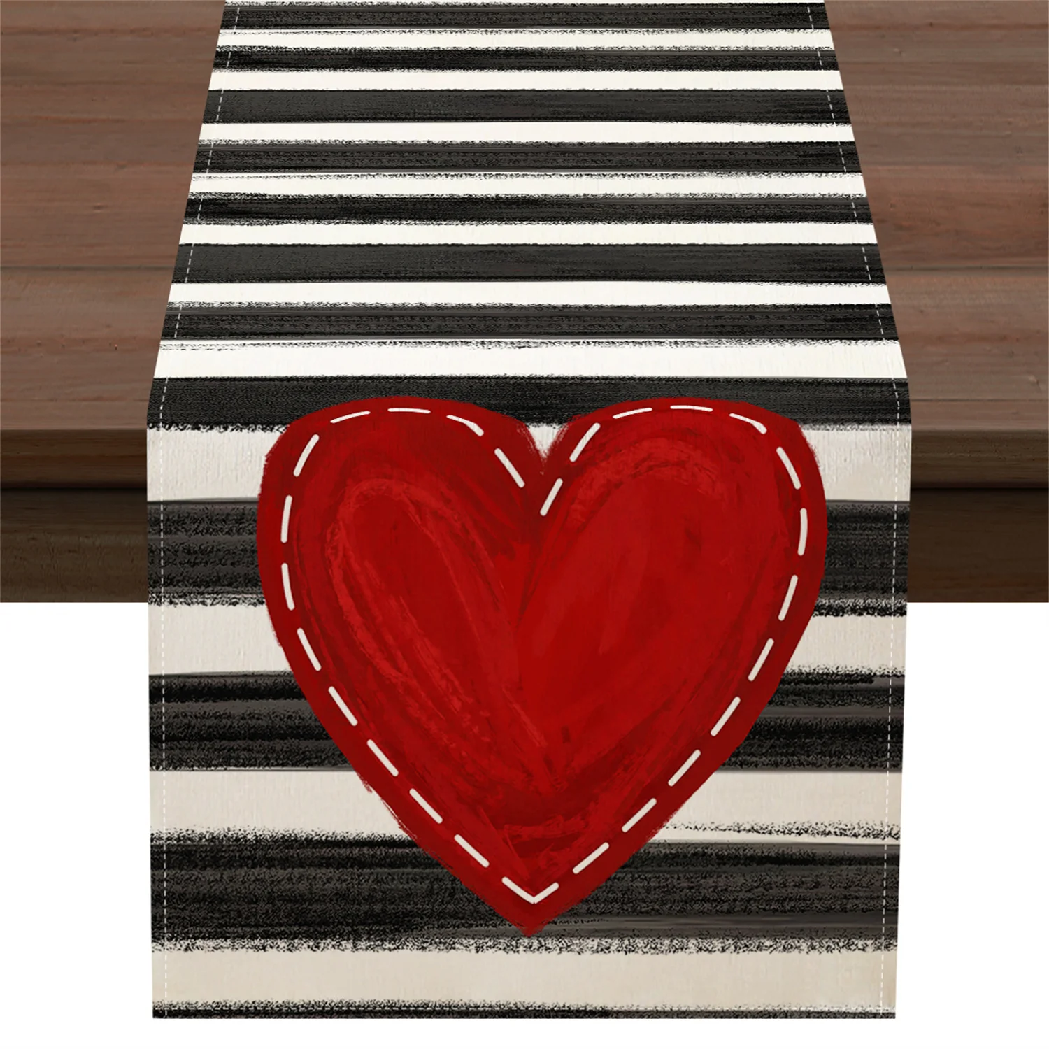 1 Piece Black and White Striped Red Heart Valentine's Day Table Runner, Suitable for Dinner Parties, Holiday Parties, Family Gatherings, Children's Activities, Themed Cafes, Home Decoration, Christmas Markets, Cozy Tea Parties
