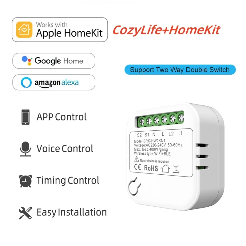 

Mini Smart Switch Module Support HomeKit CozyLife Alexa Google WiFi Wireless Timer Breaker 2 Way Control Neutral Wire Required