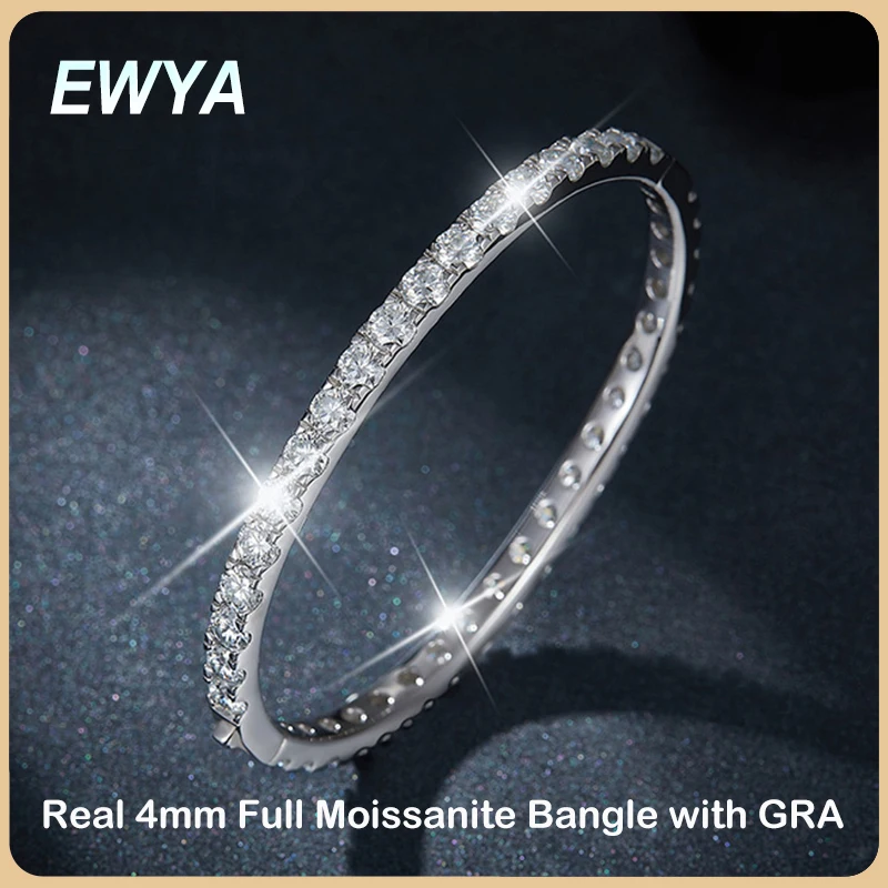 EWYA Real GRA Certified D Color 4mm 0.3CT Full Moissanite Bangle Bracelet for Woman Party S925 Sterling Silver Diamond Bracelets