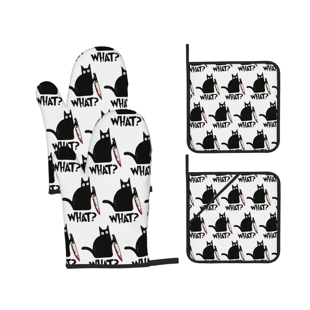 Cat What Murderous Black Cat With Knife Oven Mitts and Pot Holder Sets of 4 for Baking Cooking BBQ Resistant Non-Slip Gloves