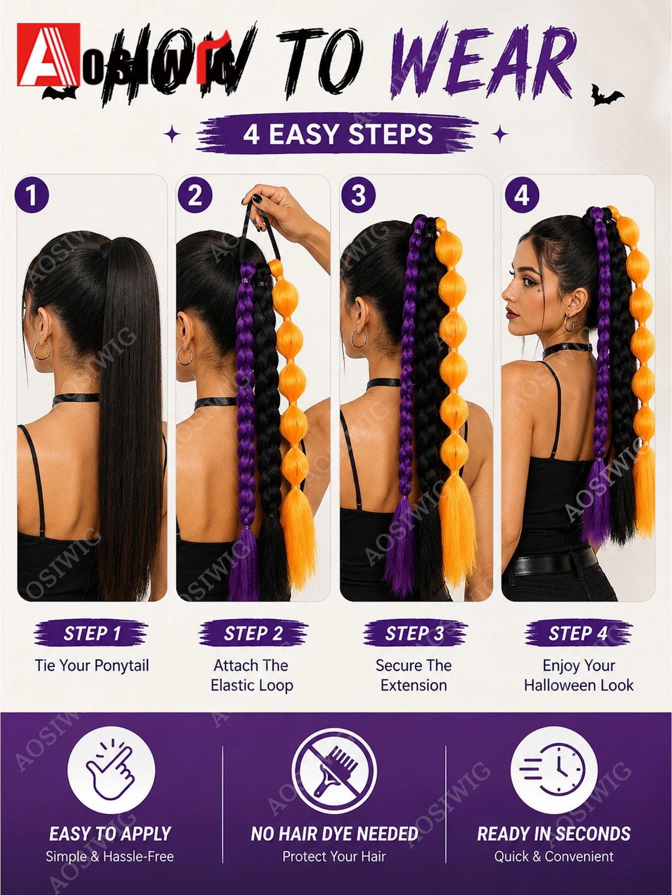 Halloween Hair Accessory Synthetic Braided Ponytail Extension Elastic Loop Bubble Braided Ponytail For Women Cosplay Festival Pa