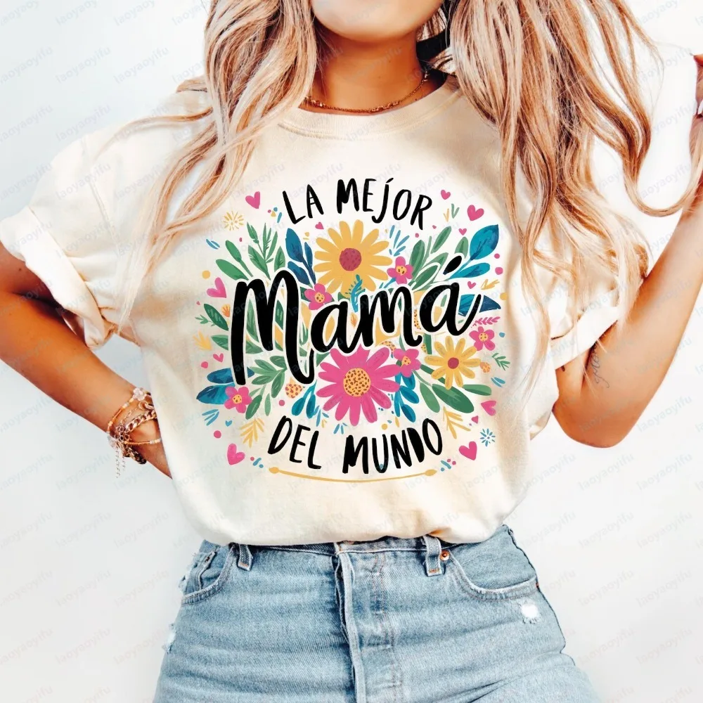 Women Summer Fashion Short Sleeve T Shirt Colorful Wildflower Best Mom Spanish Letter Print Crew Neck Stylish Breathable Tops