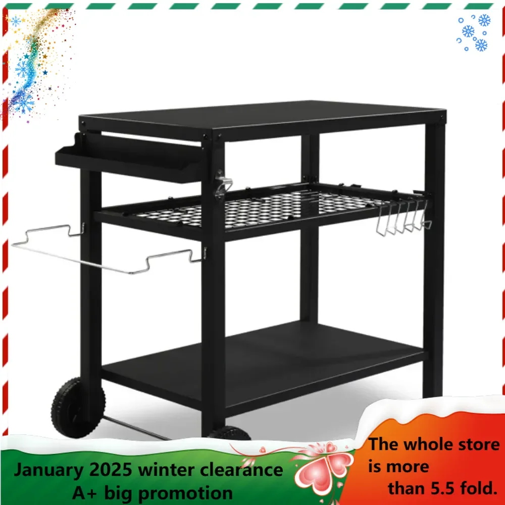 Outdoor Grill Cart Three-Shelf Grill Table, Movable BBQ Trolley Food Prep Cart with Two Wheels & Hooks, Black BBQ Grills Cart