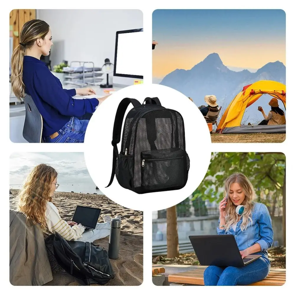 Large Capacity 20-35L Mesh Rucksack Polyester Heavy Duty Transparent Backpack Hollow Thickened Breathable Student Bag Beach