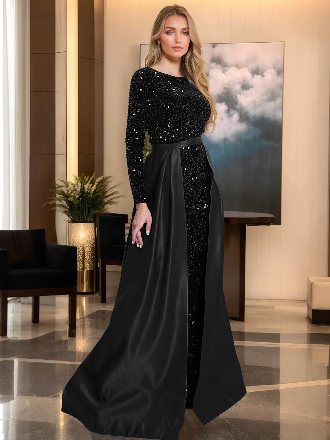 Romagic Modest Stretch Sequin Full Sleeve Evening Party Gown Mermaid Formal Prom Dress Detachable Train Elegant Dresses 2024