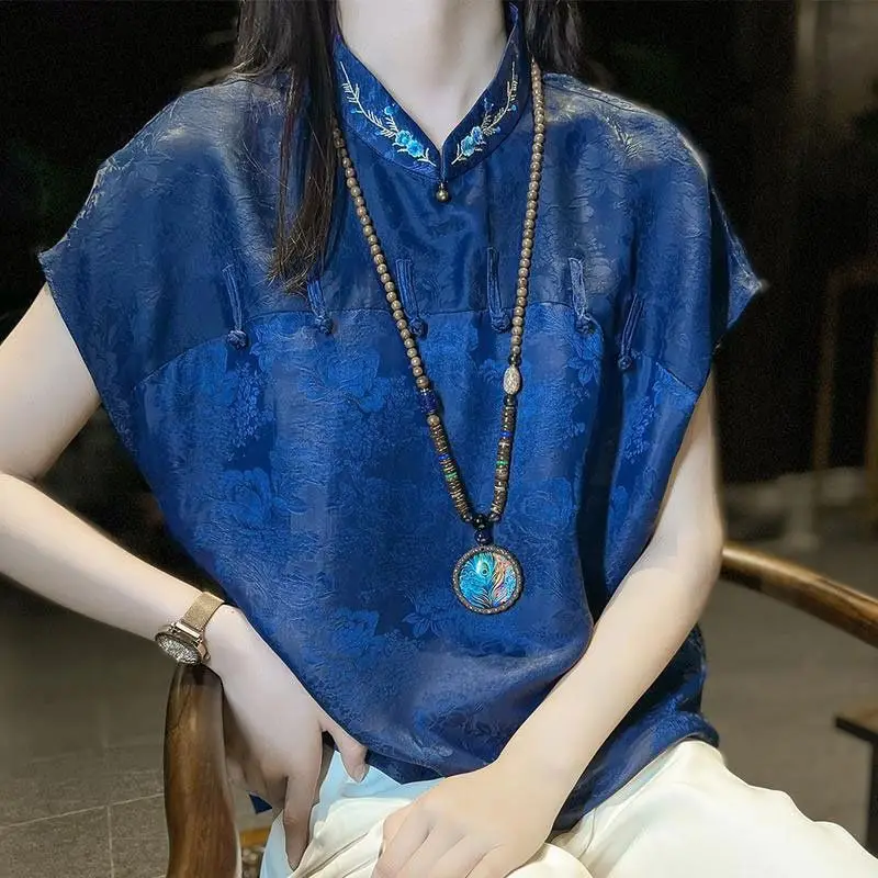 Chinese Stijl Blauw Vintage Top Cheongsam Blouse Vrouwen Effen Kleur Los Shirt Dagelijks Hanfu Top Oosterse Jacquard Vintage Top