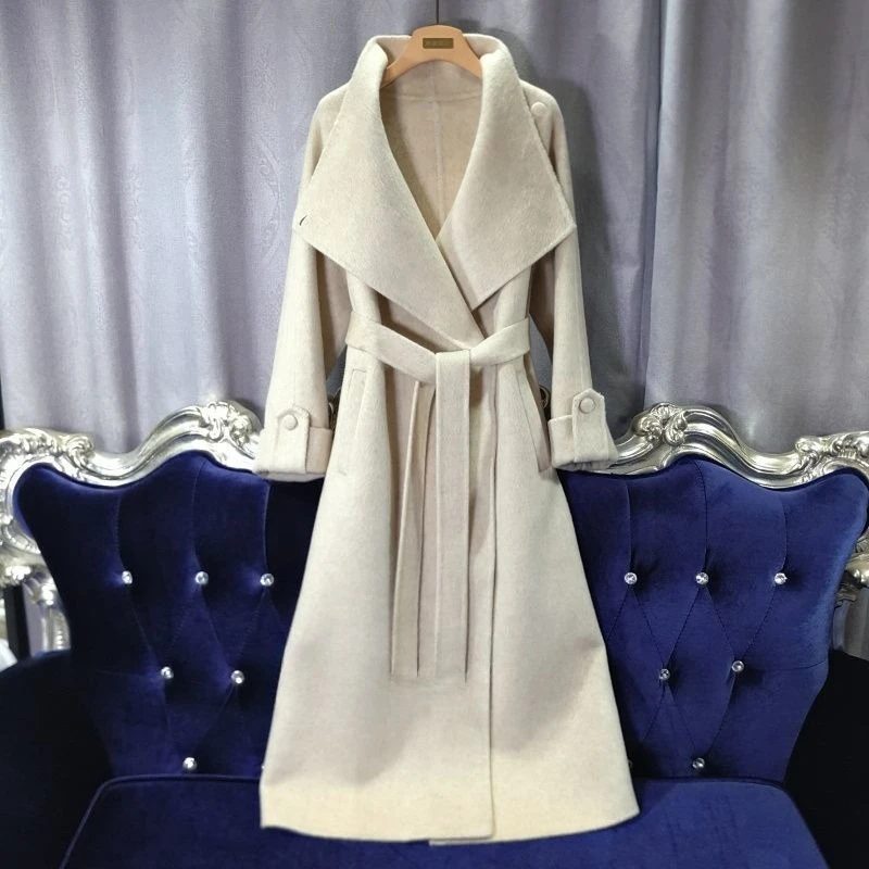 Abrigo largo de lana para mujer, abrigo de Cachemira de doble cara con solapa grande, temperamento de alta gama, para ir al trabajo, otoño e invierno