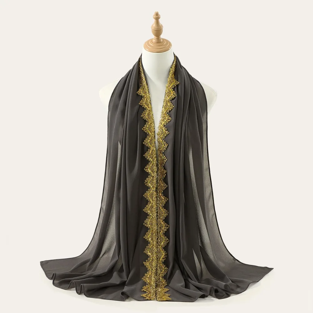 

Luxury Silk Chiffon Hijab Scarf Gold Long Islamic Turban Ethnic Style Thin Sequin Wraps Shawl Eid al-Fitr