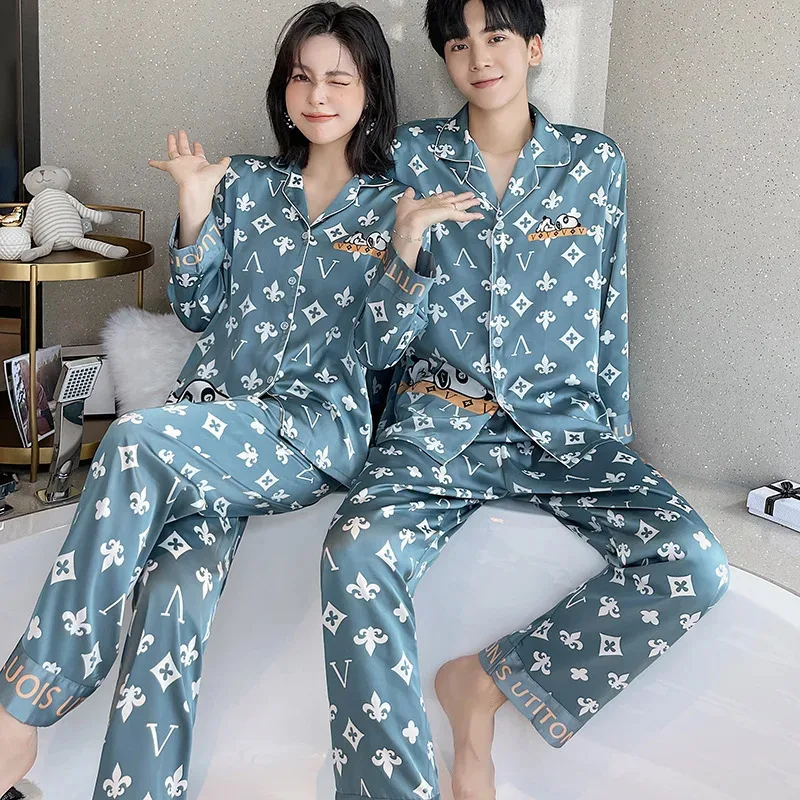 Light luxury Couples Home Furnishing Long sleeved Thin Rayon Open Front Korean Cartoon Home Outerwear Large Size Pajamas